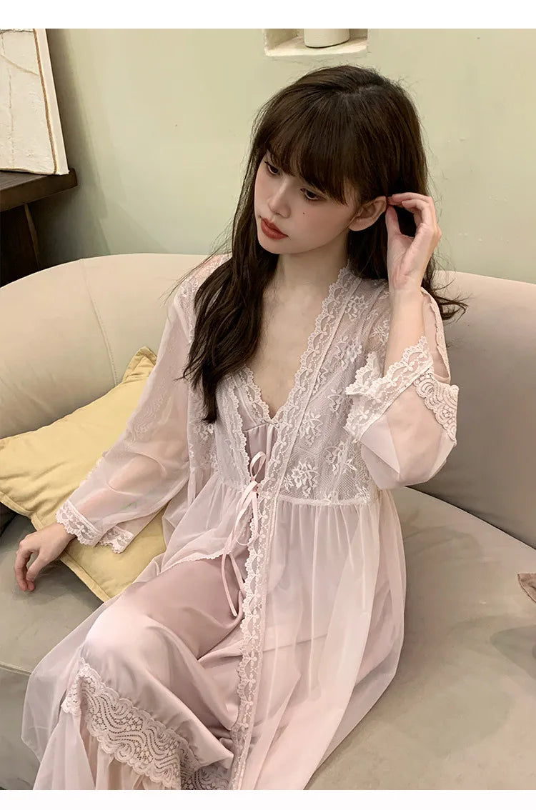 Female Nighty&Robe Set Perspective Temptation Nightgown Intimate Lingerie