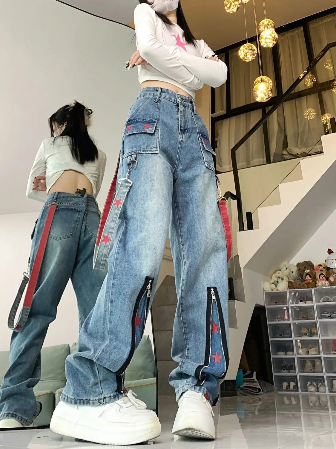 Straight Retro Zipper Star Work Jeans for Men and Women High Street Wide Leg Pants