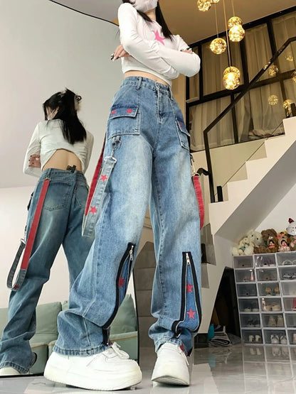 Straight Retro Zipper Star Work Jeans for Men and Women High Street Wide Leg Pants