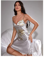Chemise Nightgown Women Satin Kimono Dressing Gown Strap Sleepdress Rayon Printed Cherry Nightwear V-Neck Suspender Sleepwear