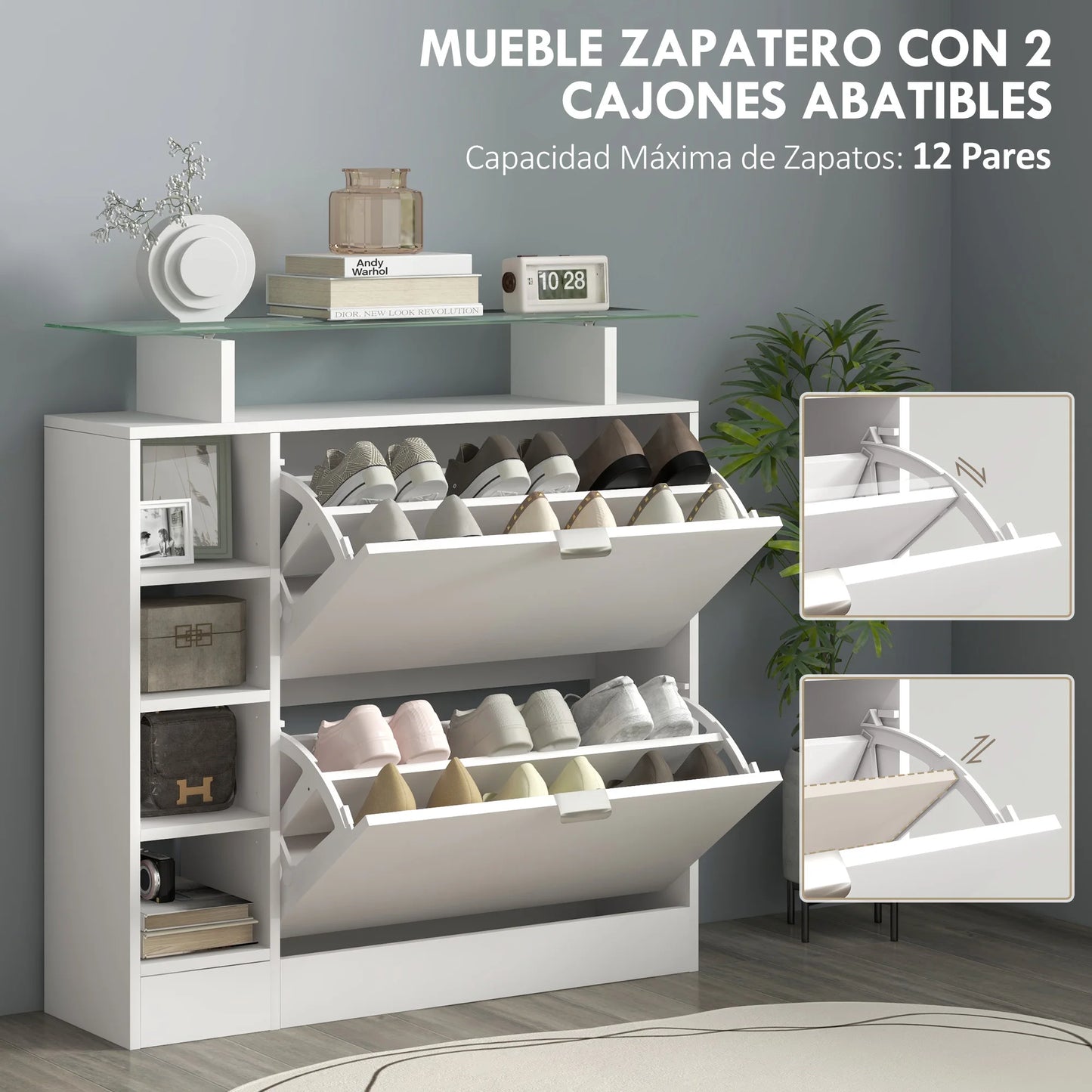 HOMCOM shoe rack with drawers folding adjustable shelves 89x25x92 cm White