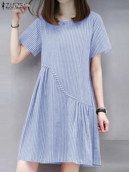 ZANZEA Striped Dress - Short Sleeve Vintage