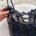 Fashion V Neck See Through Lace Nightdress Irregular Hem Flounce Sling Night Dress Lingerie Bowknot Lace Mesh Nightgown Sleep