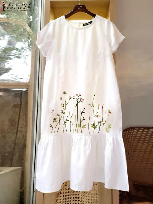 ZANZEA Floral Embroidery Dress - Short Sleeve