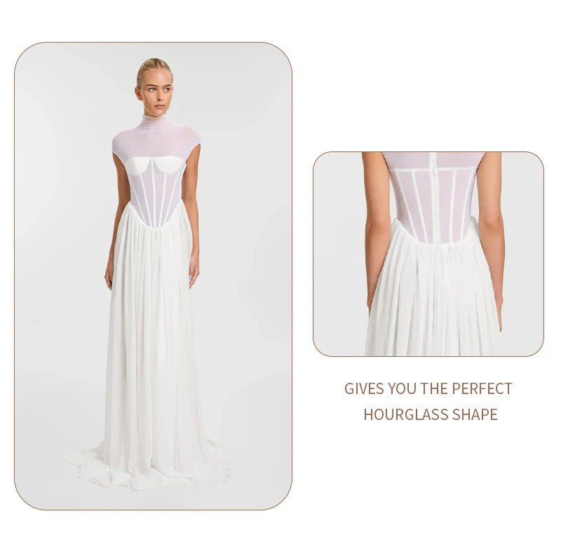 Elegant White Sheer Illusion Dress with Tulle Skirt–Temperament Sleeveless