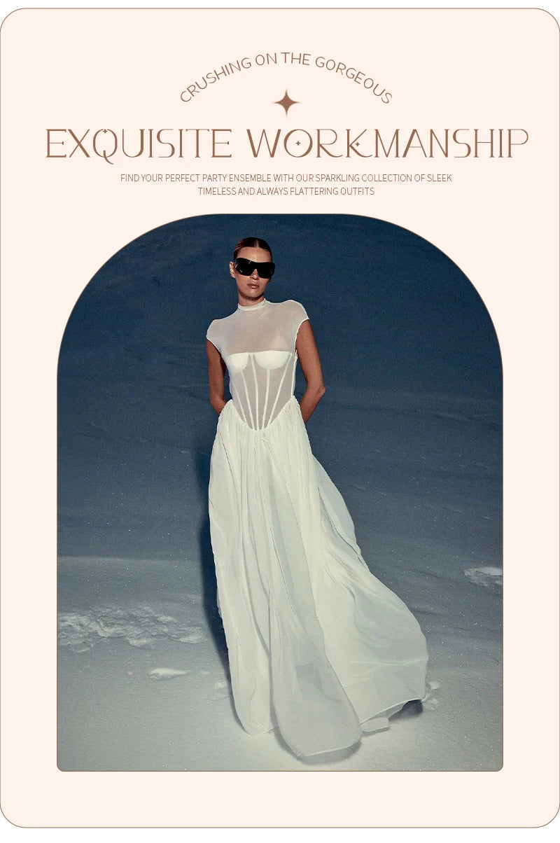 Elegant White Sheer Illusion Dress with Tulle Skirt–Temperament Sleeveless