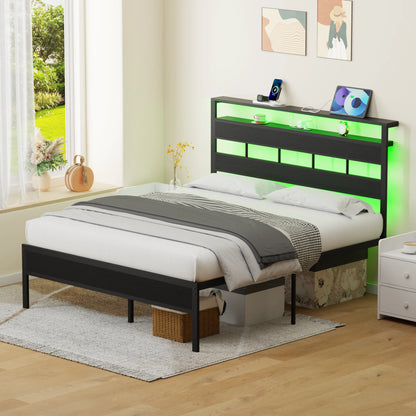 Satifur Full/Queen Size Bed Frame with LED Light and Charging Station