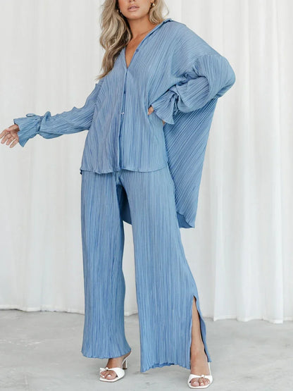 Women's Two-Piece Outfit - V-Neck Top & Wide Leg Pants