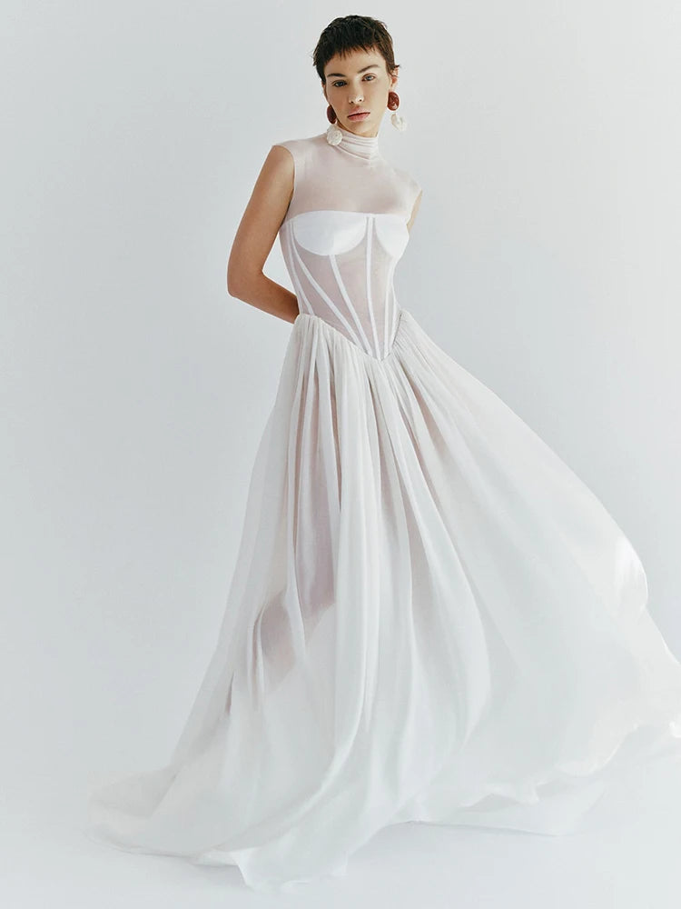 Elegant White Sheer Illusion Dress with Tulle Skirt–Temperament Sleeveless
