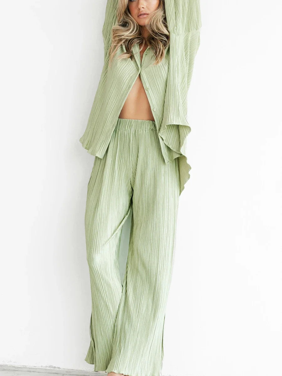 Women's Two-Piece Outfit - V-Neck Top & Wide Leg Pants