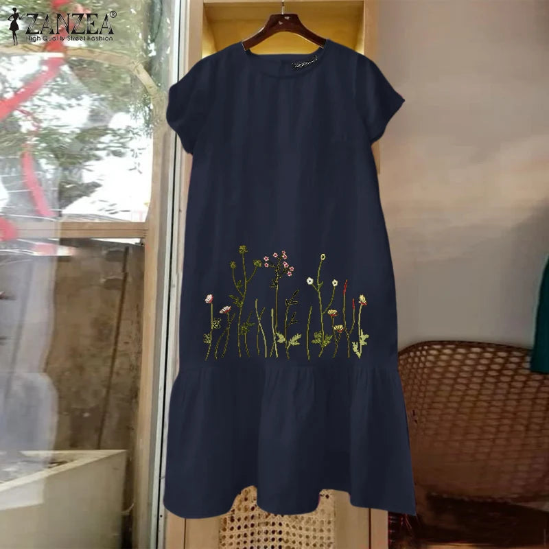 ZANZEA Floral Embroidery Dress - Short Sleeve ZANZEA