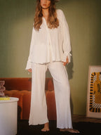 Women's Two-Piece Outfit - V-Neck Top & Wide Leg Pants NoEnName_Null