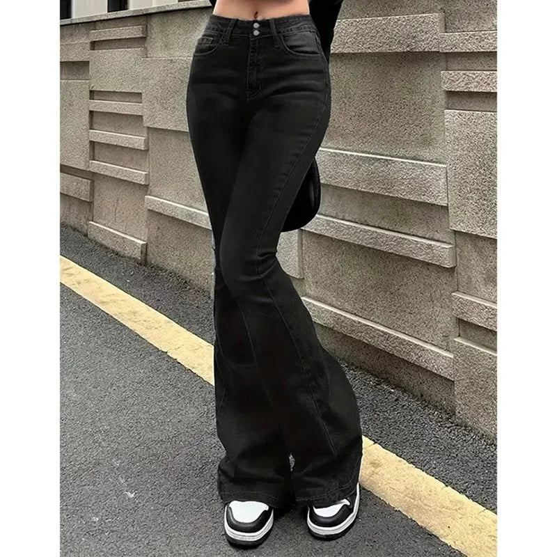 Women's Straight Denim Jeans - Mid Waist Distressed