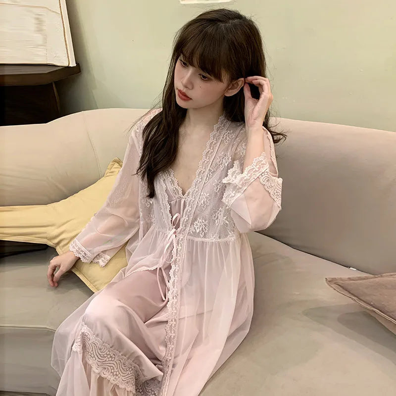 Female Nighty&Robe Set Perspective Temptation Nightgown Intimate Lingerie