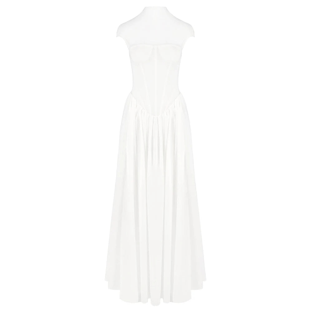 Elegant White Sheer Illusion Dress with Tulle Skirt–Temperament Sleeveless