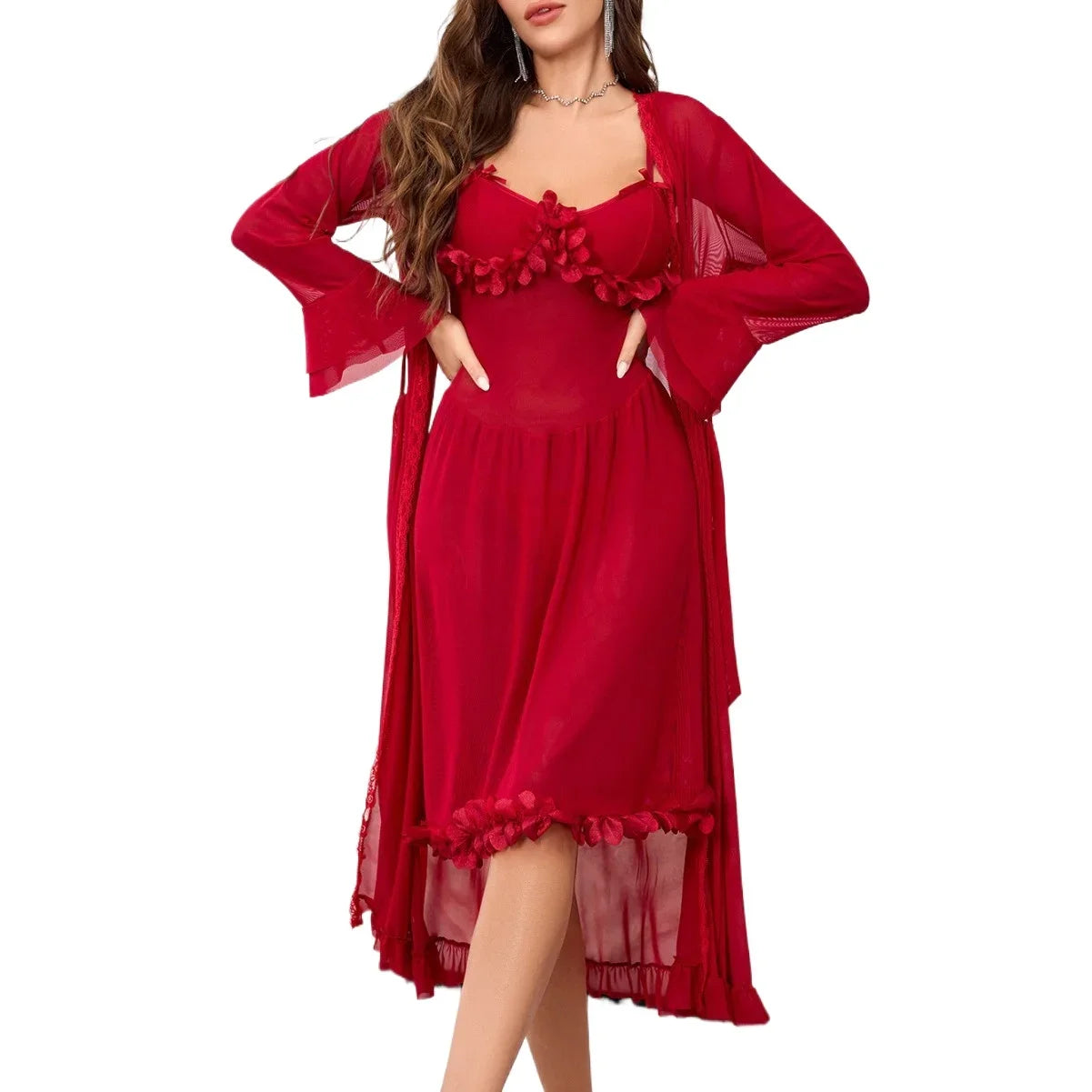 ‌Sheer Mesh Robe Set - Flared Sleeve Long Nightgown with G-string, Elegant Loungewear
