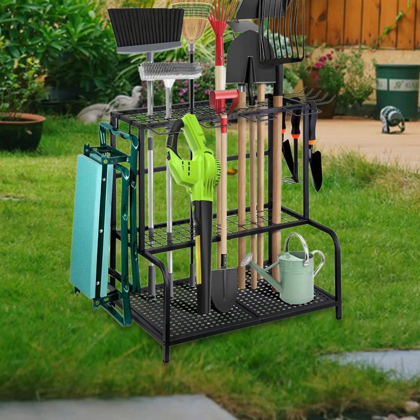 Carbon Steel Garden Tool Organizer - 3-Tier Storage Rack