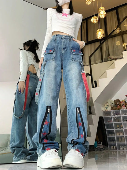 Straight Retro Zipper Star Work Jeans for Men and Women High Street Wide Leg Pants