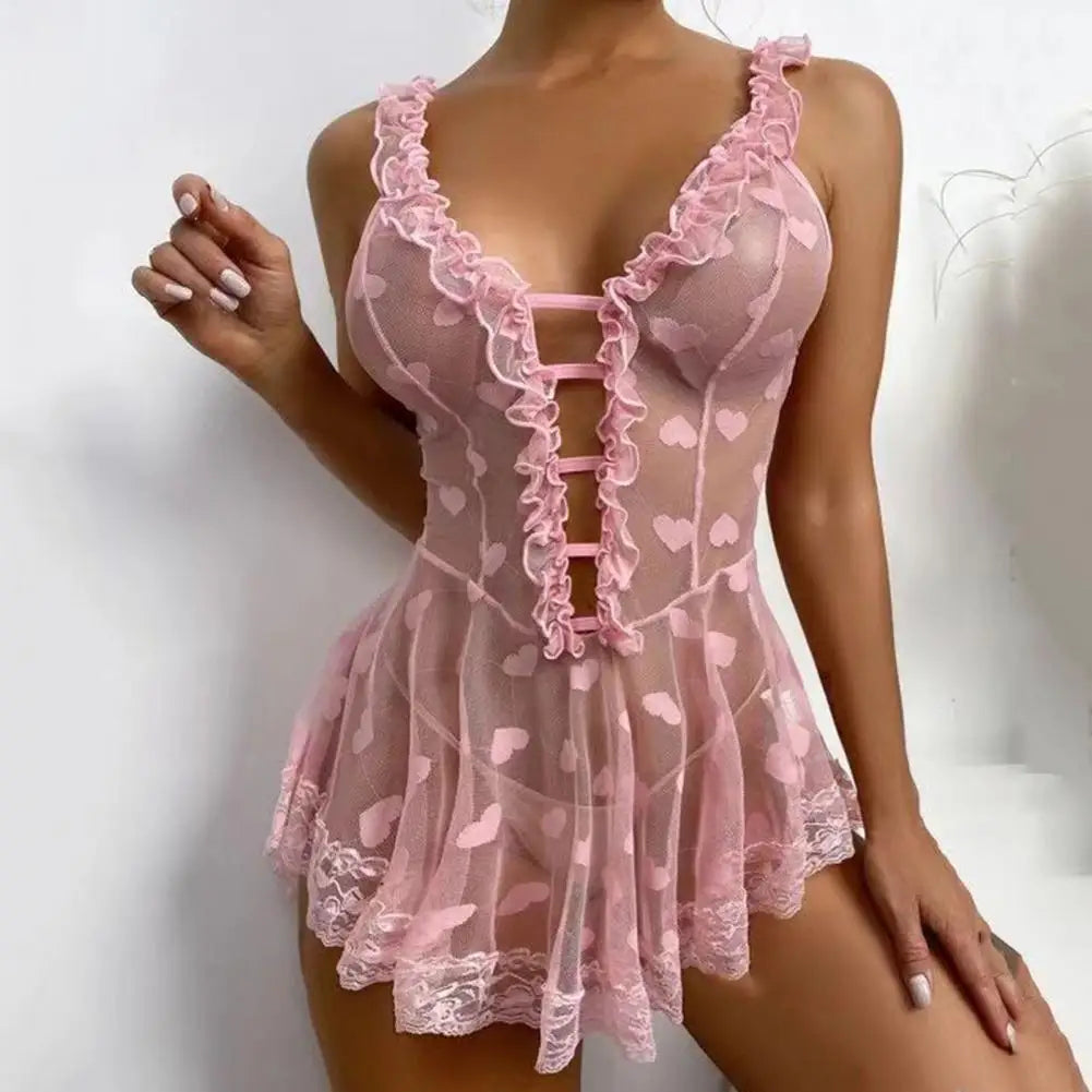 Chemise Women Night Dress Sleeveless Transparent Deep V Neck Love Heart Pattern Women Sexy Women Nightgown Sweet Slip Dress