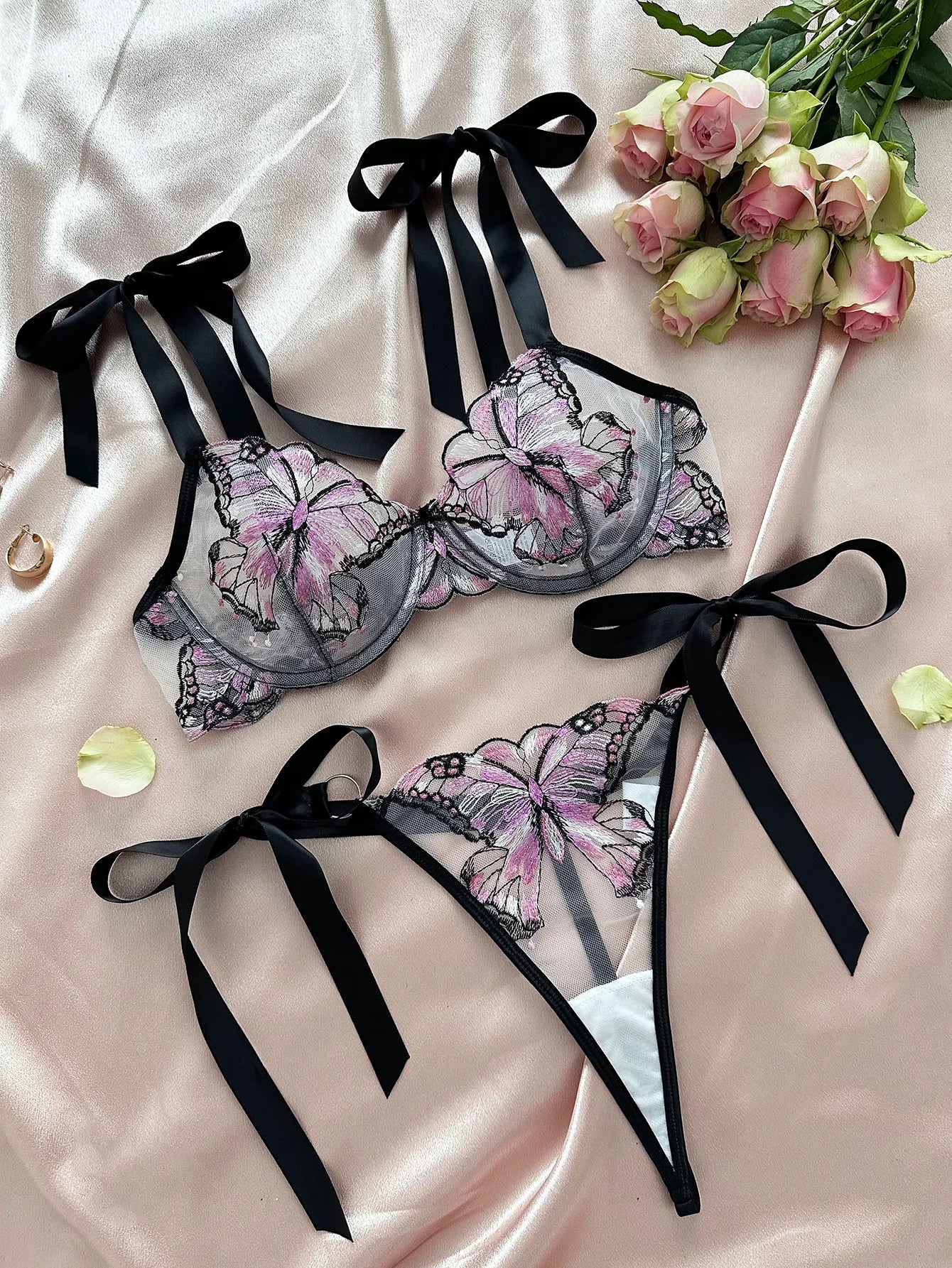 Butterfly Lingerie Set Sexy Hot Sheer Mesh Embroidery Bra & Panty