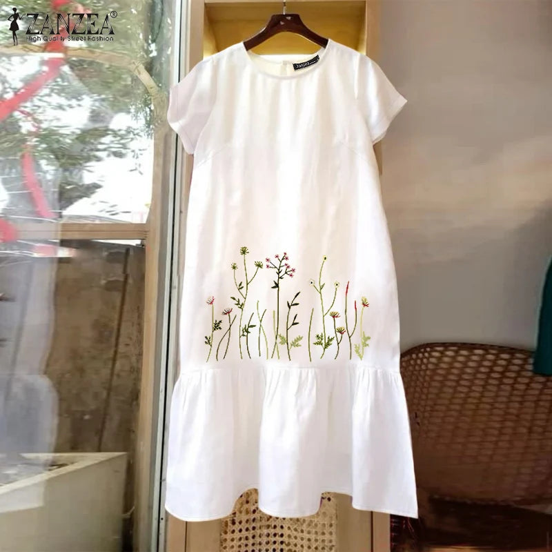 ZANZEA Floral Embroidery Dress - Short Sleeve