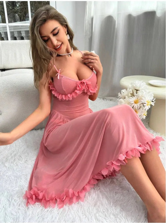 ‌Sheer Mesh Robe Set - Flared Sleeve Long Nightgown with G-string, Elegant Loungewear