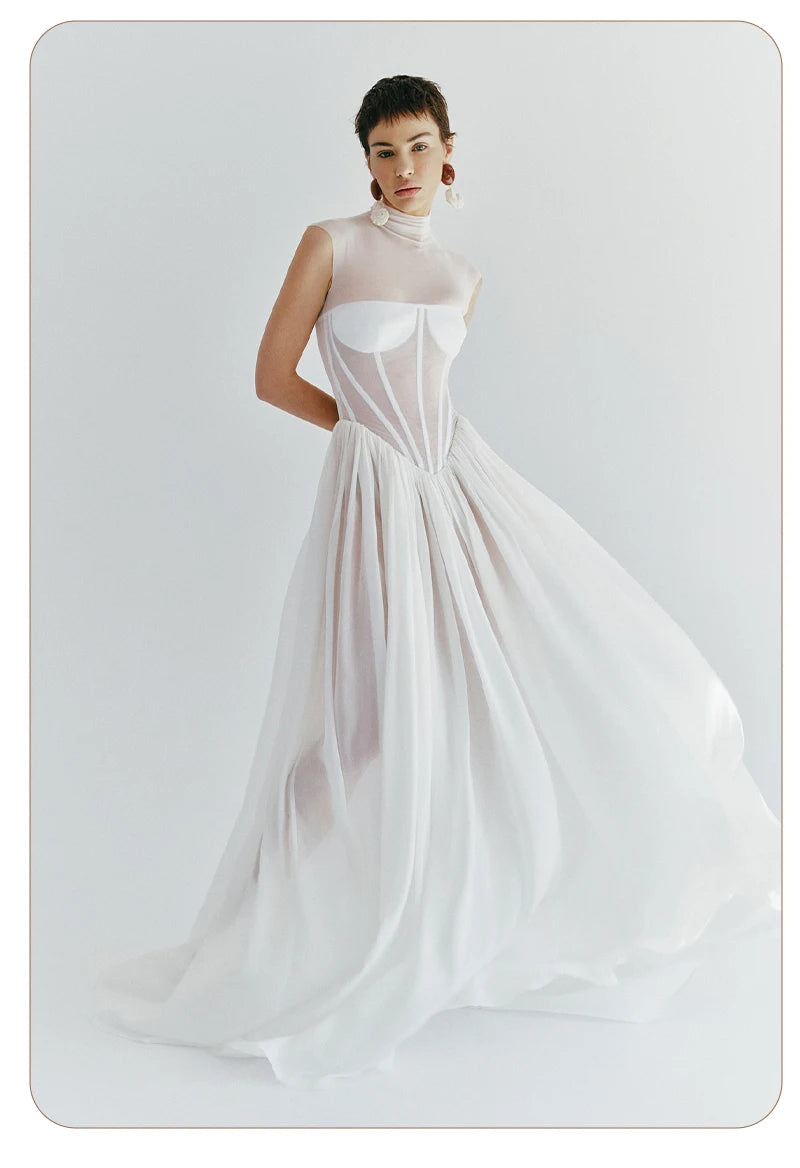 Elegant White Sheer Illusion Dress with Tulle Skirt–Temperament Sleeveless