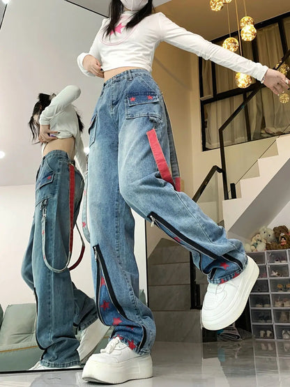 Straight Retro Zipper Star Work Jeans for Men and Women High Street Wide Leg Pants