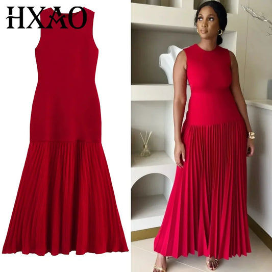 HXAO Women's Red Knit Dress - Sleeveless Summer Ankle-Length