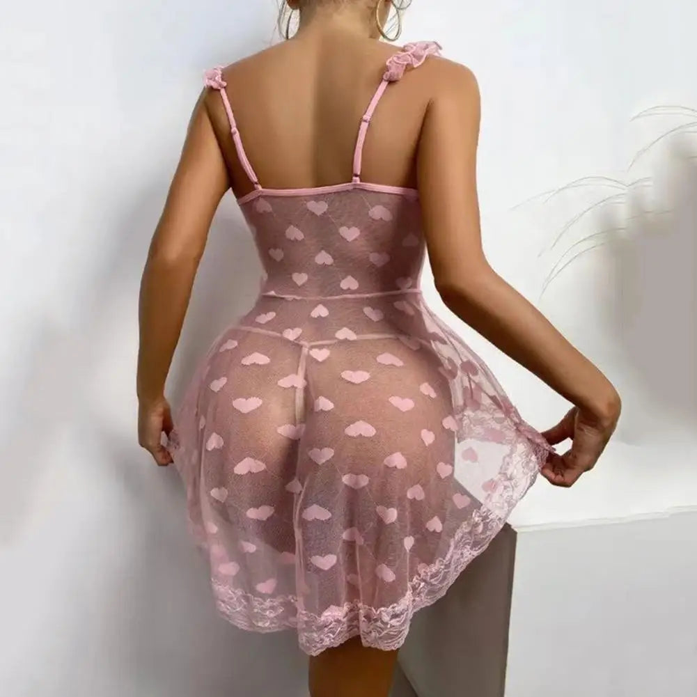 Chemise Women Night Dress Sleeveless Transparent Deep V Neck Love Heart Pattern Women Sexy Women Nightgown Sweet Slip Dress