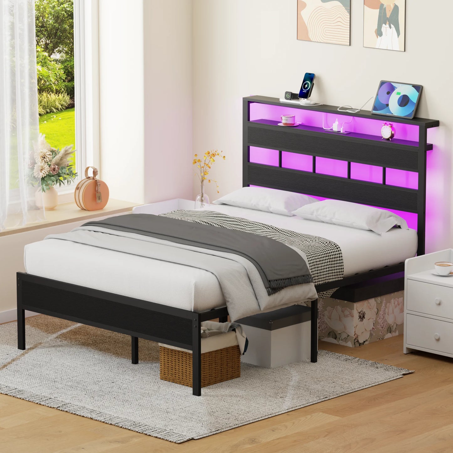 Satifur Full/Queen Size Bed Frame with LED Light and Charging Station