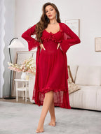 ‌Sheer Mesh Robe Set - Flared Sleeve Long Nightgown with G-string, Elegant Loungewear