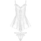 Fashion V Neck See Through Lace Nightdress Irregular Hem Flounce Sling Night Dress Lingerie Bowknot Lace Mesh Nightgown Sleep