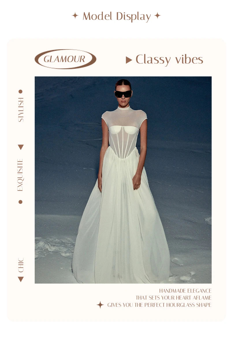 Elegant White Sheer Illusion Dress with Tulle Skirt–Temperament Sleeveless