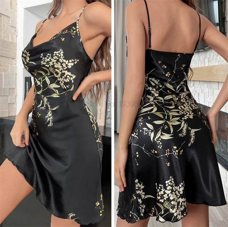 Chemise Nightgown Women Satin Kimono Dressing Gown Strap Sleepdress Rayon Printed Cherry Nightwear V-Neck Suspender Sleepwear