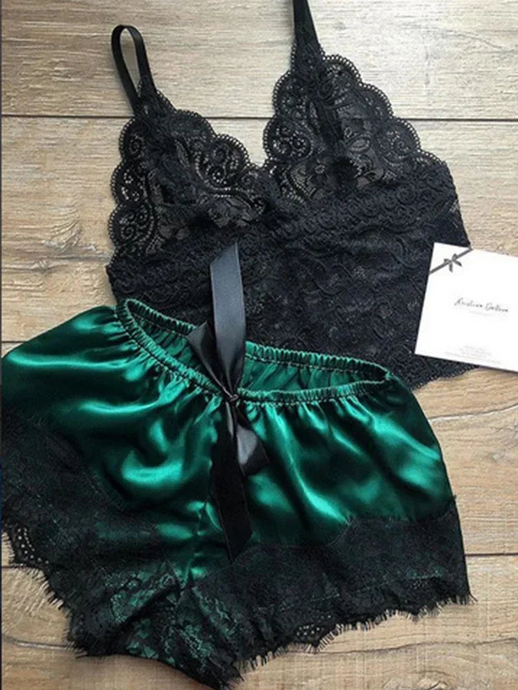 Sexy Womens Lace Sleepwear Lace Nachtkleding Lingerie Sleeveless V-Neck Babydoll Pajamas Set Lingerie Tops Shorts Set Nightwear