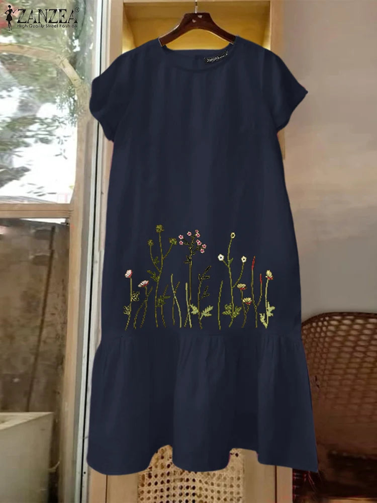 ZANZEA Floral Embroidery Dress - Short Sleeve
