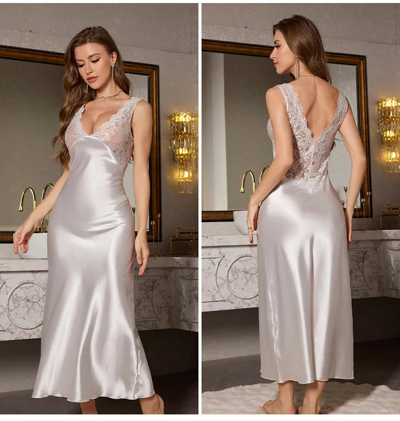 Sexy Long Chemise Nightgown Women Sleepwear Loungewear Patchwork Lace Deep V-Neck Nightdress Ice Silk Intimate Lingerie Homewear
