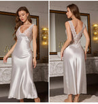 Sexy Long Chemise Nightgown Women Sleepwear Loungewear Patchwork Lace Deep V-Neck Nightdress Ice Silk Intimate Lingerie Homewear