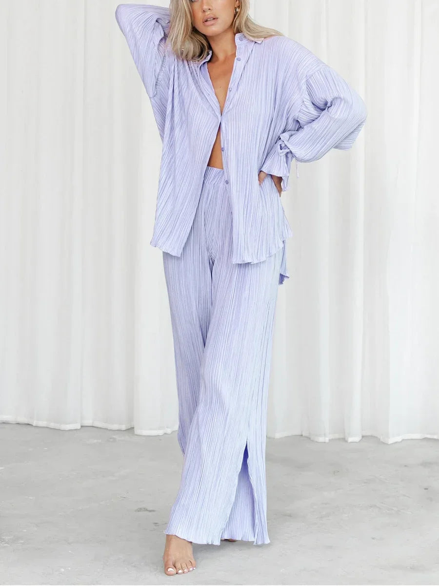 Women's Two-Piece Outfit - V-Neck Top & Wide Leg Pants