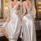 Sexy Long Chemise Nightgown Women Sleepwear Loungewear Patchwork Lace Deep V-Neck Nightdress Ice Silk Intimate Lingerie Homewear