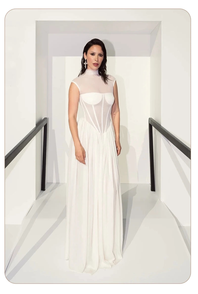 Elegant White Sheer Illusion Dress with Tulle Skirt–Temperament Sleeveless