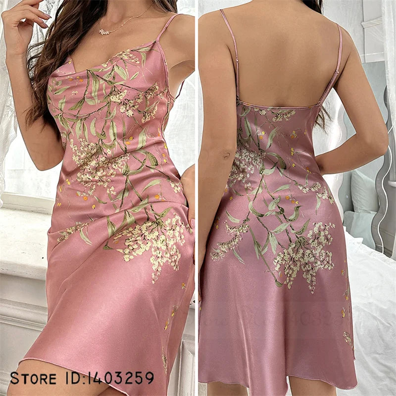 Chemise Nightgown Women Satin Kimono Dressing Gown Strap Sleepdress Rayon Printed Cherry Nightwear V-Neck Suspender Sleepwear