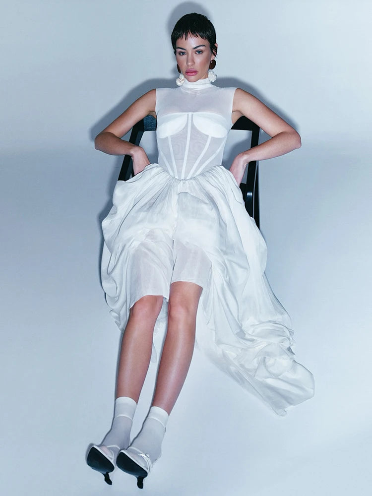 Elegant White Sheer Illusion Dress with Tulle Skirt–Temperament Sleeveless