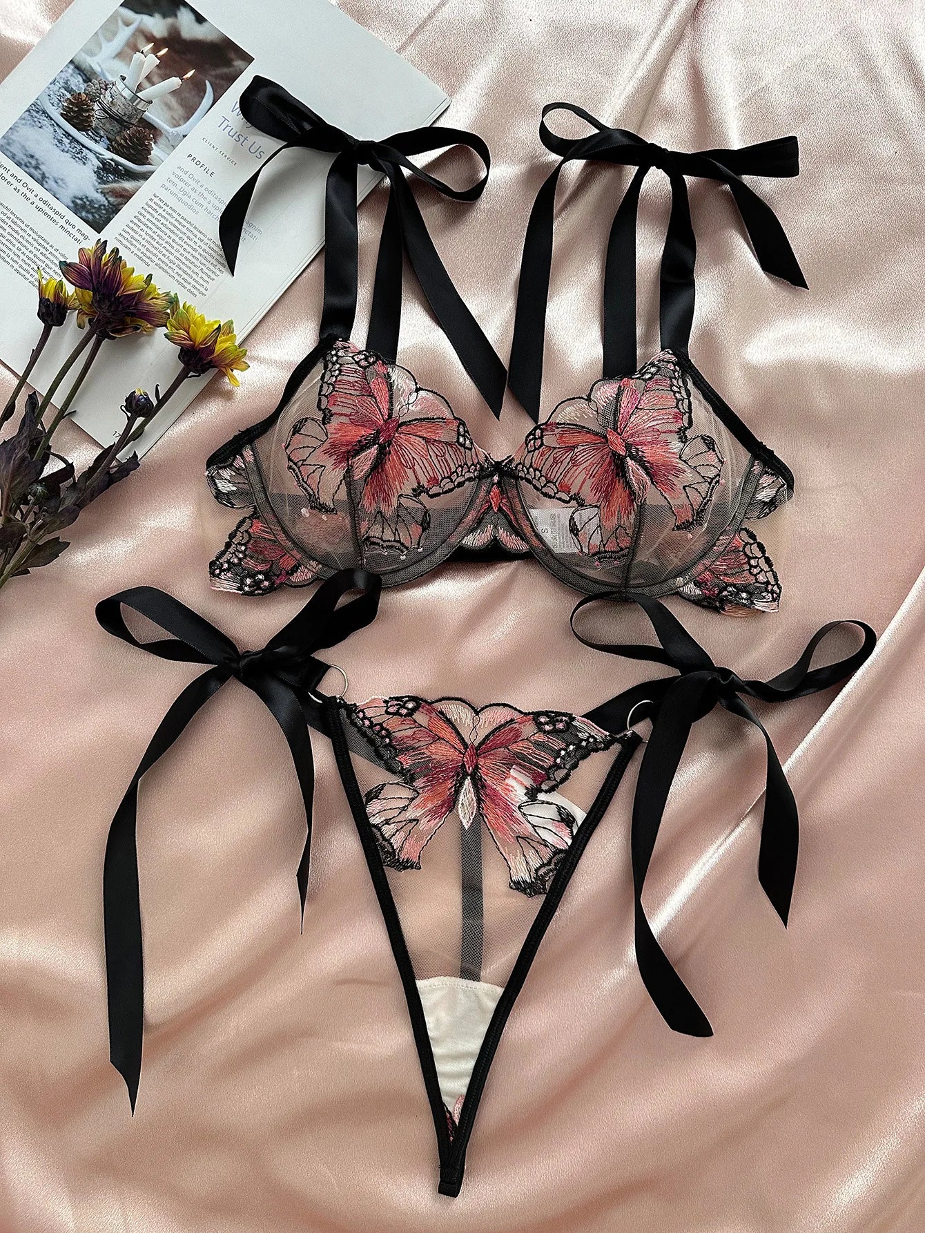 Butterfly Lingerie Set Sexy Hot Sheer Mesh Embroidery Bra & Panty