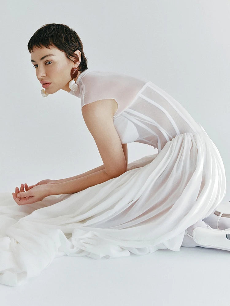 Elegant White Sheer Illusion Dress with Tulle Skirt–Temperament Sleeveless