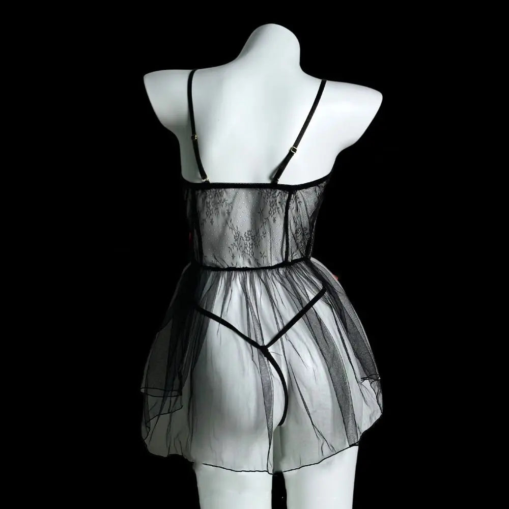Fashion V Neck See Through Lace Nightdress Irregular Hem Flounce Sling Night Dress Lingerie Bowknot Lace Mesh Nightgown Sleep