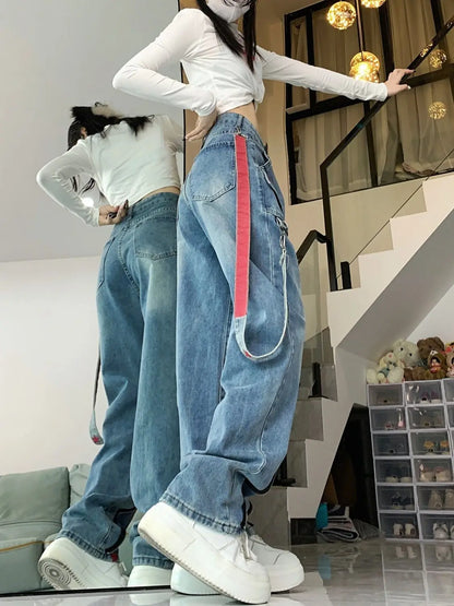 Straight Retro Zipper Star Work Jeans for Men and Women High Street Wide Leg Pants