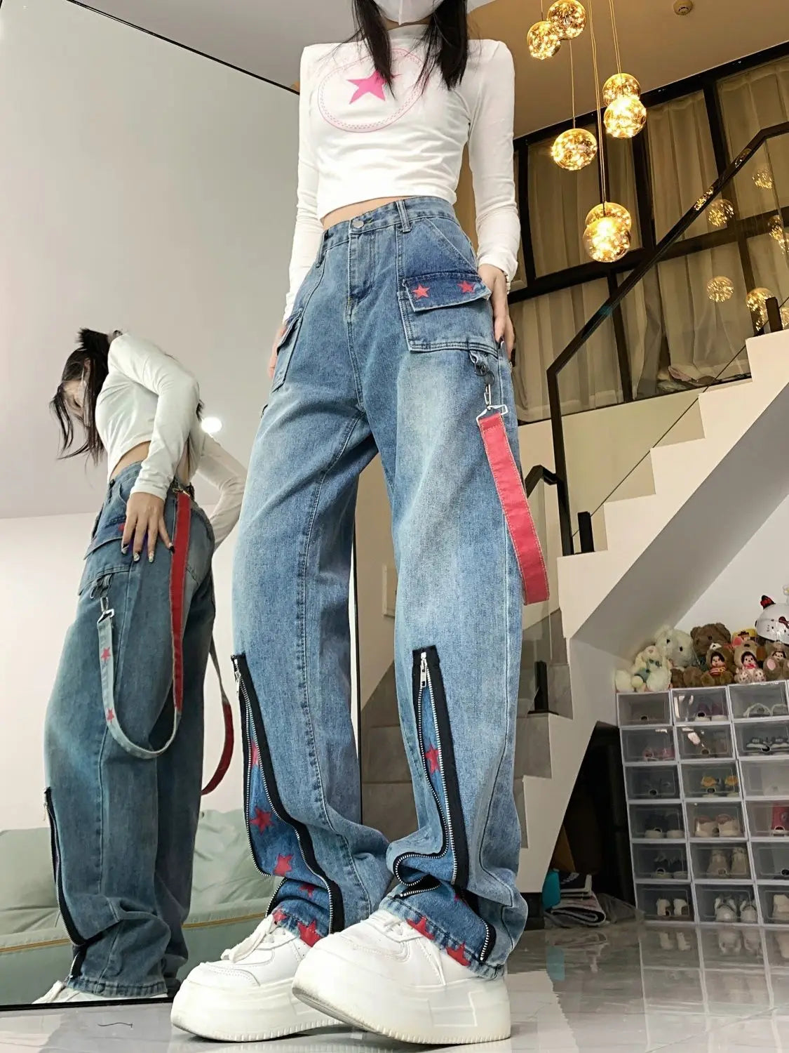 Straight Retro Zipper Star Work Jeans for Men and Women High Street Wide Leg Pants