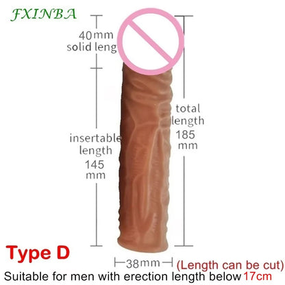 Realistic Penis Sleeve Extender Long Reusable Condom